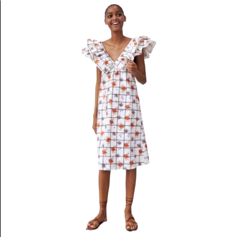 Zara White Checkered Orange Floral Print Ruffle Neck Line Large New With…